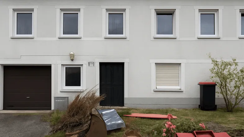 Einfamilienhaus mit heller Fassade, braunem Garagentor und dunkler Eingangstür. Der Vorgarten zeigt Renovierungsbedarf mit Baugeräten.