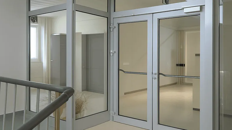 Heller Eingangsbereich mit Glaswänden und Türen, der zu weiteren Räumen und einem Treppenhaus führt.