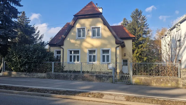 Klassisches Einfamilienhaus mit gelber Fassade, rotem Ziegeldach und gepflegtem Vorgarten.