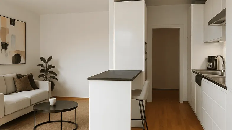 Gemütlicher offener Wohnbereich mit integrierter Küchenzeile, Frühstücksbar und modernem Dekor.