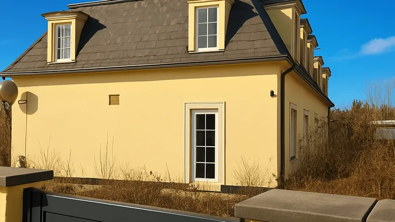 Gelbe Fassade eines Hauses mit Mansarddach und weißen Fenstern unter blauem Himmel.