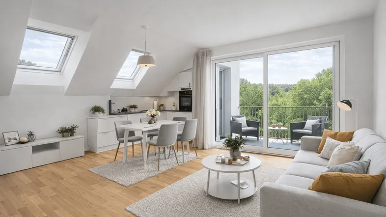 Heller, offener Wohn-Essbereich mit integrierter Küche, Dachfenstern und Zugang zum Balkon mit Grünblick.
