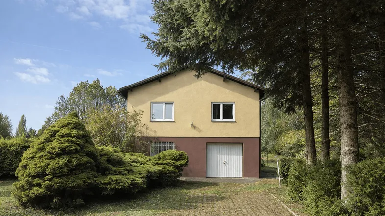 Einfamilienhaus mit gelber Fassade, braunem Sockel und integrierter Garage, umgeben von Bäumen.