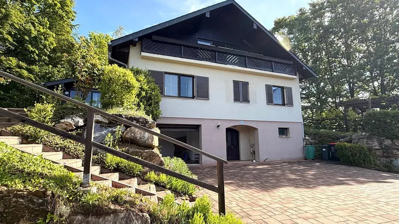 Hausfassade mit gepflasterter Auffahrt, Treppe und umgebender grüner Vegetation.