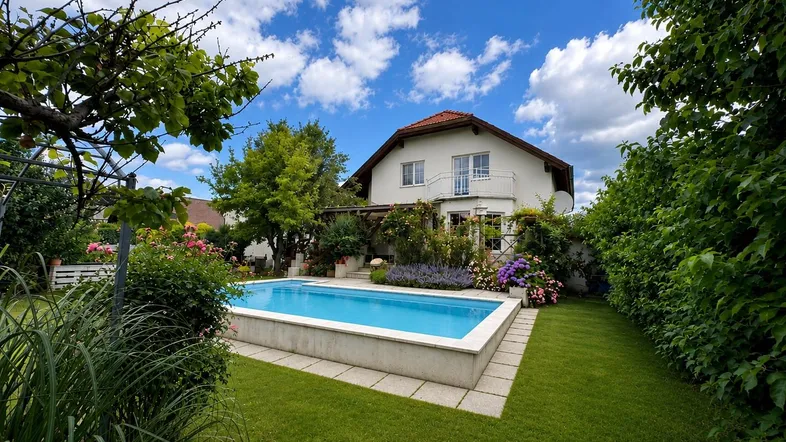 Schönes Einfamilienhaus mit großem Garten und privatem Pool unter blauem Himmel.