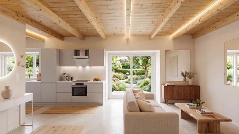 Heller offener Wohnbereich mit moderner Küche, Holzbalkendecke und Zugang zum grünen Garten.