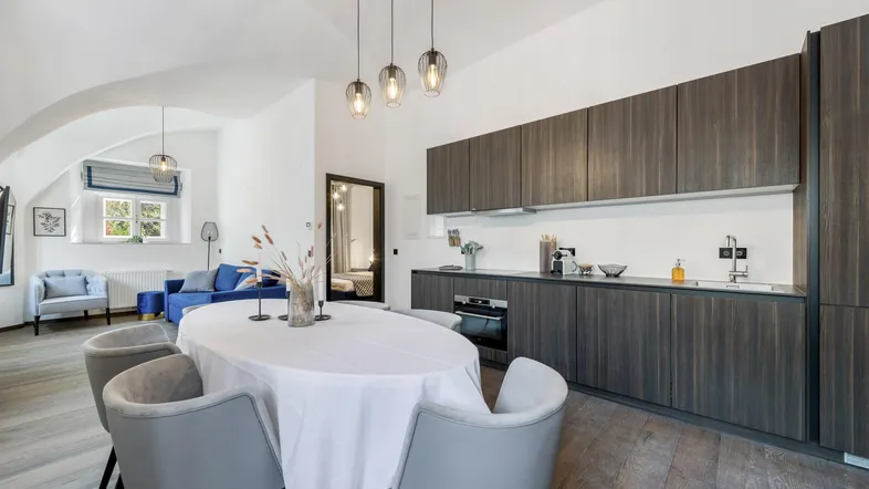 Moderne offene Küche mit Essbereich und angrenzendem Wohnzimmer unter einem Gewölbedach.
