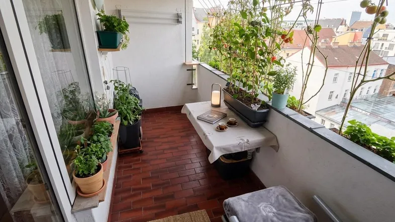Gemütlicher Balkon mit vielen Pflanzen, kleinem Tisch und Blick auf die Stadt.