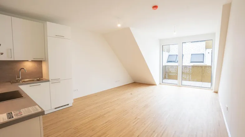 Heller Wohnbereich mit integrierter Küchenzeile, Holzboden und Zugang zum Balkon.