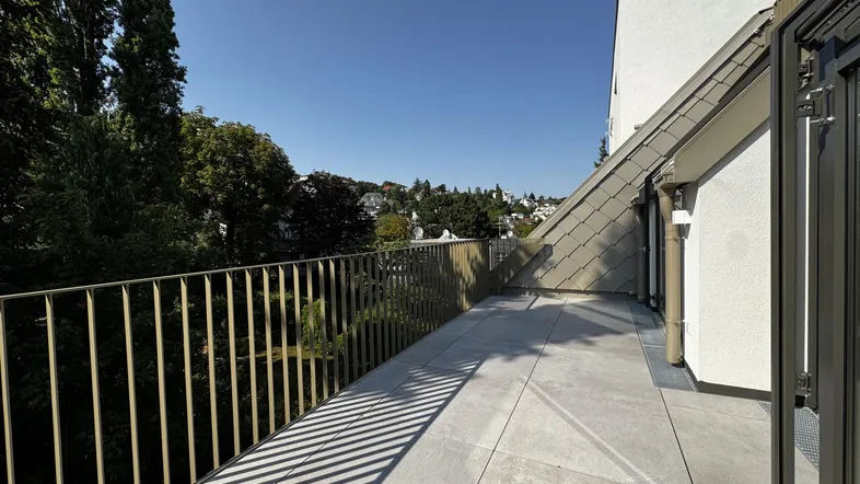 Geräumige Dachterrasse mit modernem Geländer und weitem Blick über die grüne Umgebung.