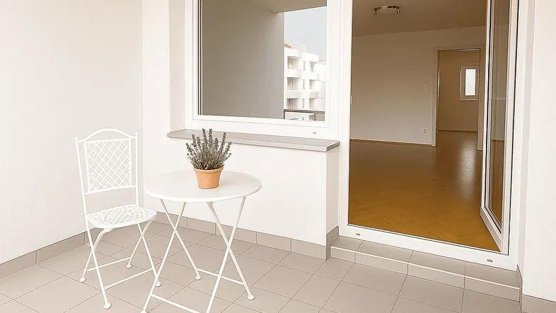 Heller Balkon mit Fliesenboden, weißem Mobiliar und Zugang zu einem leeren Innenraum.