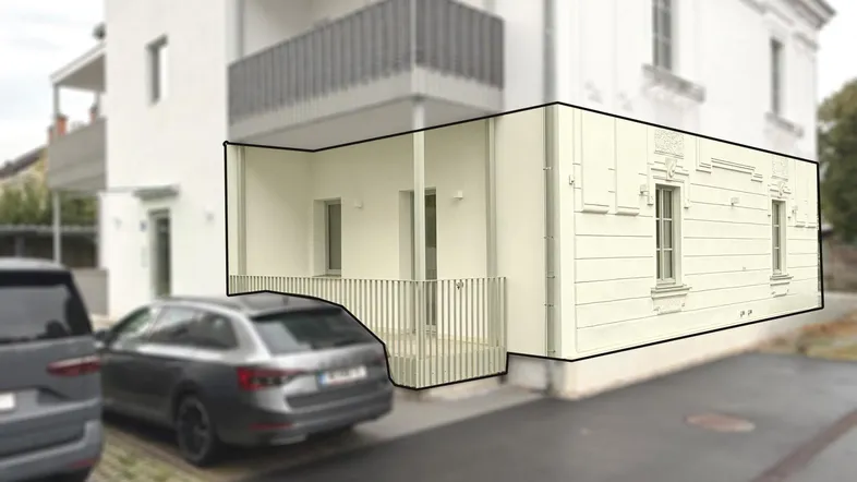 Visualisierung einer ebenerdigen Terrasse am Gebäude mit modernem Design und Geländer.