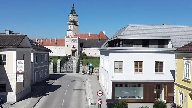 Blick auf eine Straße mit historischen Gebäuden und einem Schloss im Hintergrund unter blauem Himmel.
