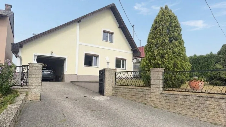Ansicht des Hauses mit Einfahrt zur Garage und gepflegtem Vorgarten.