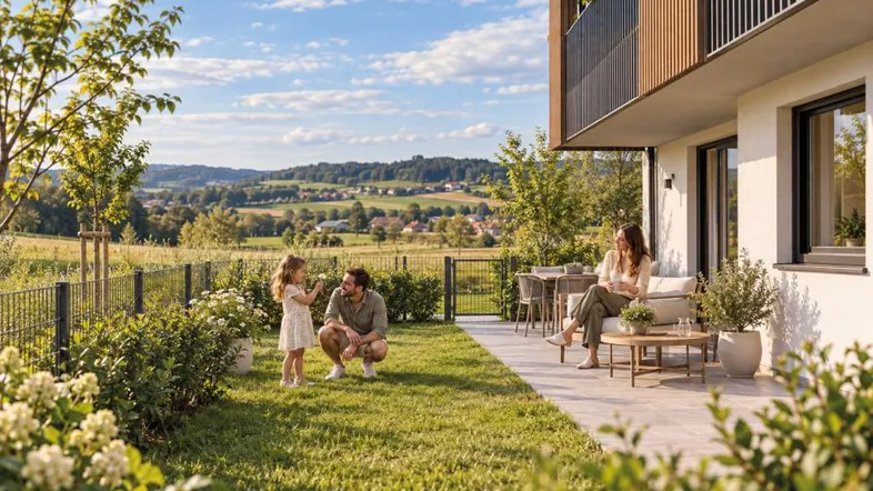 Moderne Terrasse mit Gartenmöbeln und Blick ins Grüne, ideal für entspannte Stunden im Freien.