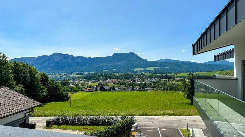 Panoramablick vom Balkon auf die umliegende Berglandschaft und grüne Wiesen unter blauem Himmel.