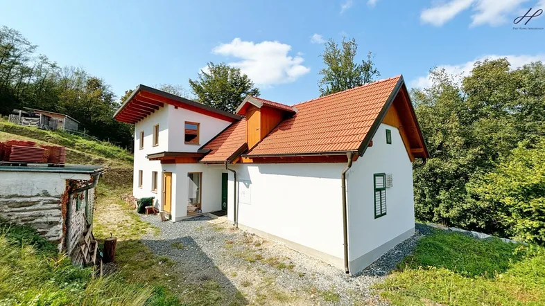 Rückansicht des weißen Hauses mit rotem Ziegeldach und grüner Umgebung unter strahlend blauem Himmel.
