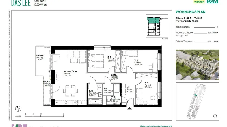 Detaillierter Wohnungsplan mit drei Zimmern, Wohnküche, Loggia und Balkon.