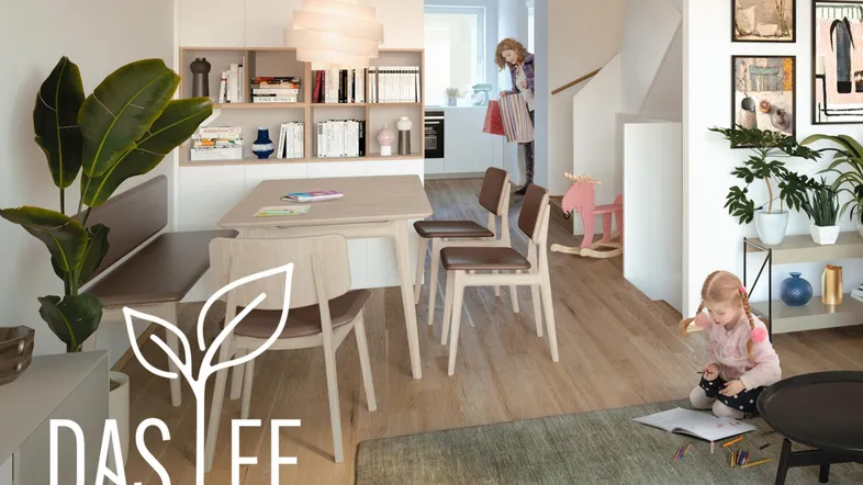 Heller, offener Wohn- und Essbereich mit modernem Design, Holzboden und integrierten Regalen.