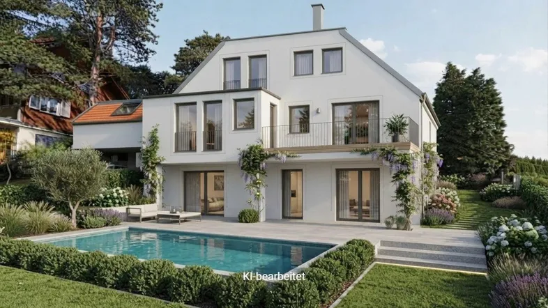 Moderne Villa mit Swimmingpool und gepflegtem Garten, umgeben von üppiger Vegetation und Terrassenbereichen.