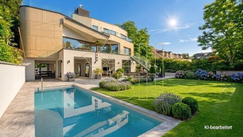 Moderne Villa mit großem Pool und gepflegtem Garten unter strahlendem Sonnenschein.