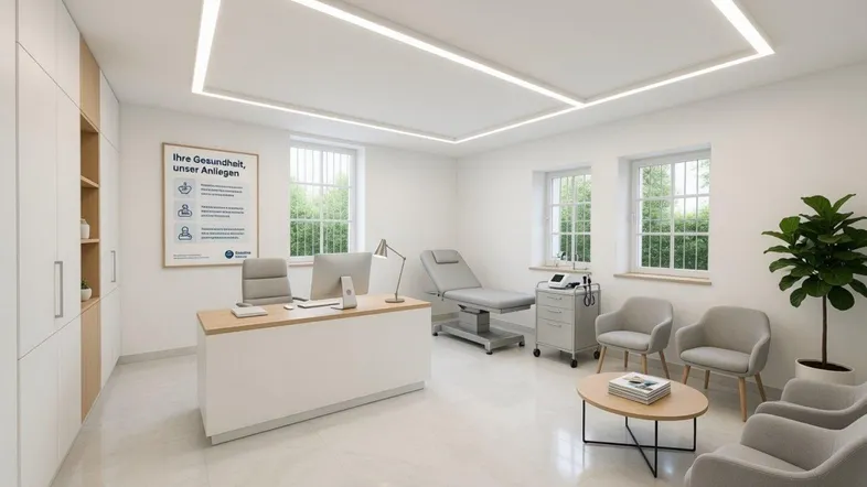 Modernes Büro oder Praxisraum mit integrierten Schränken, hellen Fliesen und großen Fenstern.