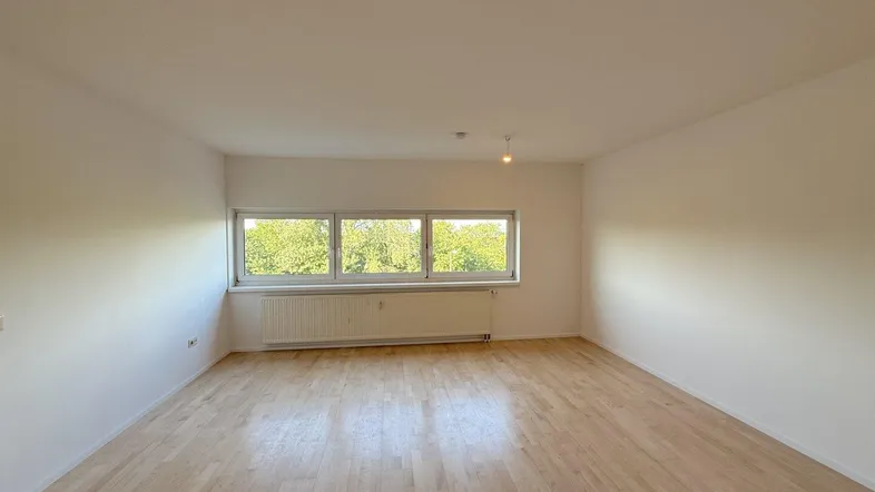 Helles, leeres Zimmer mit Holzfußboden und Blick ins Grüne durch drei Fenster.
