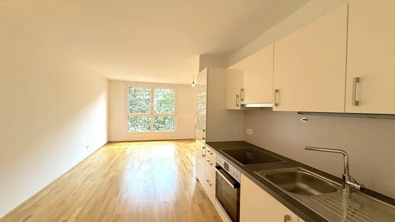 Helle Wohnküche mit modernen Schränken, Holzboden und großem Fenster zum Wohnbereich.