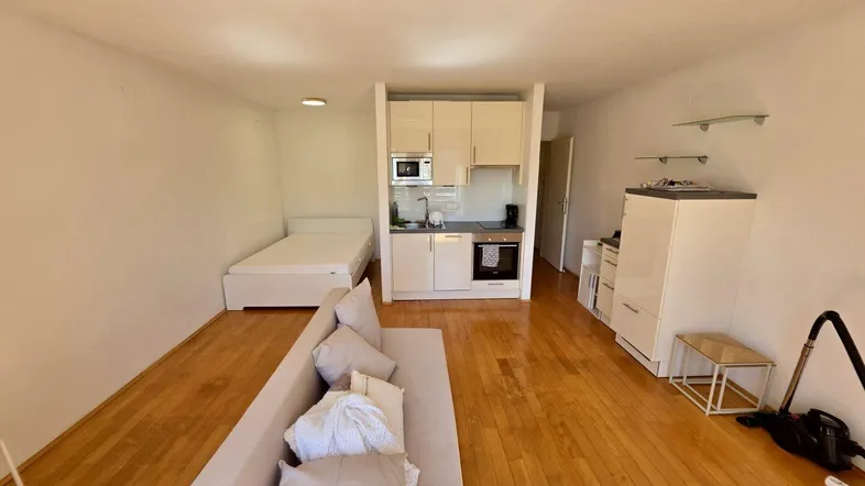 Helles Studio-Apartment mit integrierter Küchenzeile, Schlafbereich und Parkettboden.