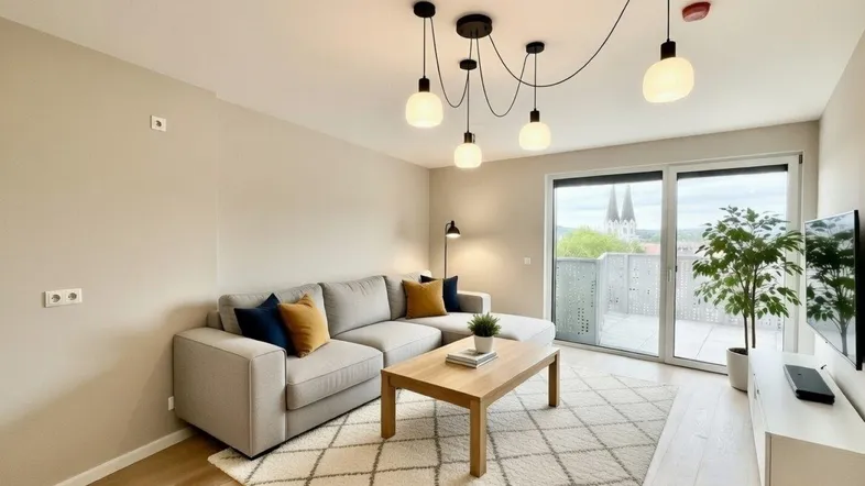 Helles Wohnzimmer mit modernem Sofa, Holzboden und Zugang zu einem Balkon mit Stadtblick.