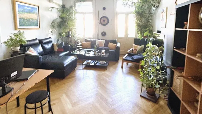 Helles und geräumiges Wohnzimmer mit Fischgrätparkett, hohen Decken und vielen Pflanzen.