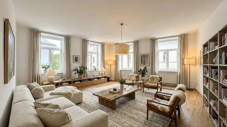 Helles, modern eingerichtetes Wohnzimmer mit Holzboden, großem Teppich und vielen Fenstern.