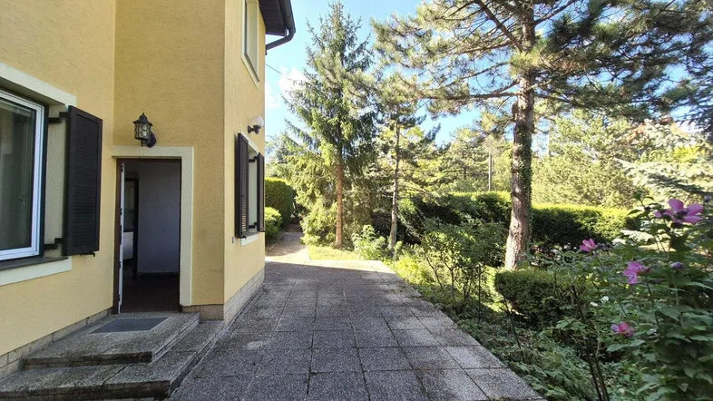 Gelbe Hausfassade mit Fensterläden und gepflastertem Weg im Grünen.