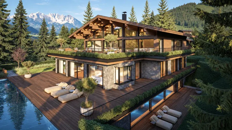 Luxuriöses Chalet mit weitläufiger Holzterrasse, Infinity-Pool und atemberaubendem Bergblick.