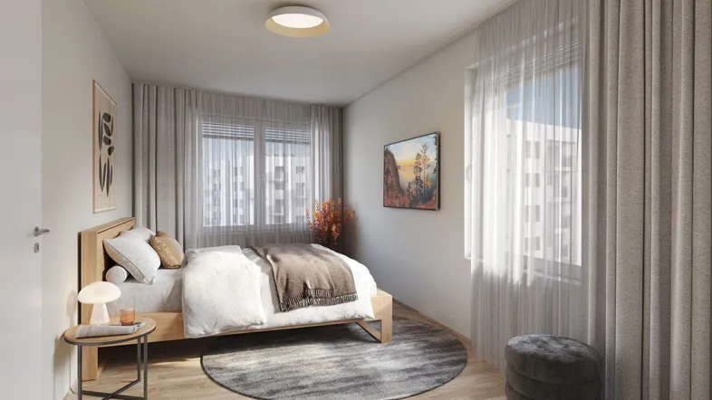 Helles Schlafzimmer mit Holzboden, großen Fenstern und modernem Design.