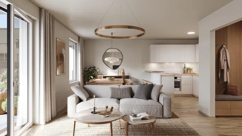 Helles Wohnzimmer mit offener Küche, Holzboden und Zugang zum Balkon.