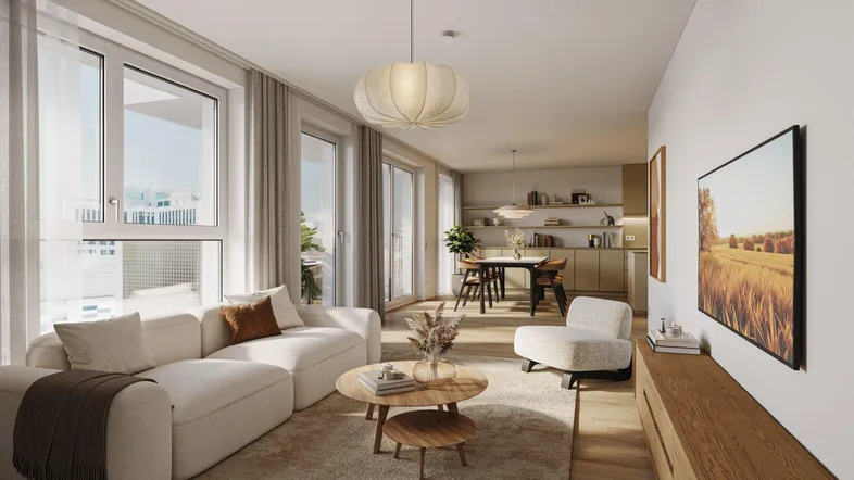 Heller, offener Wohn- und Essbereich mit moderner Einrichtung, Holzboden und Zugang zum Balkon.