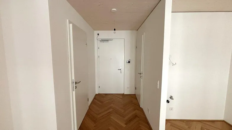 Heller Eingangsbereich mit Fischgrätparkett und mehreren Türen, führt zu den Wohnräumen.
