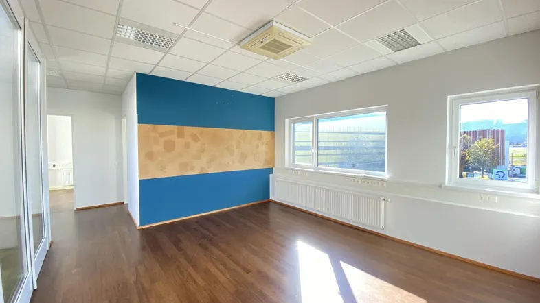 Geräumiges Büro mit Holzboden, blauer Akzentwand und Blick auf die Berge durch große Fenster.