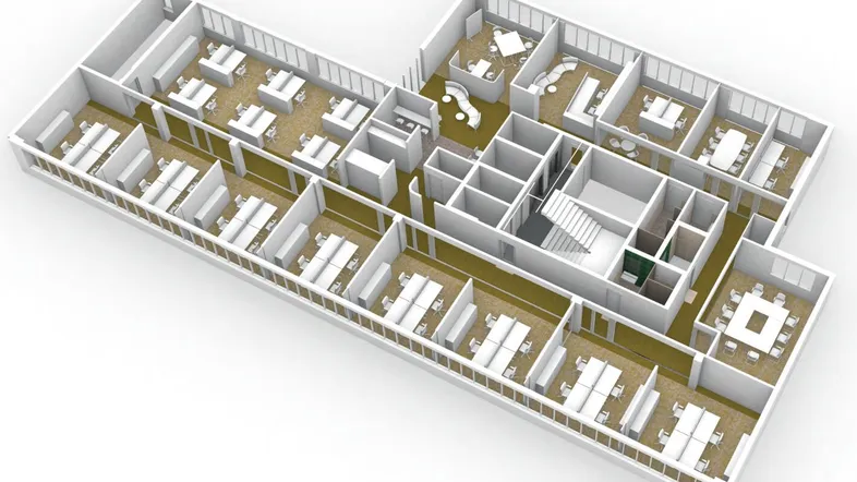 Detaillierte 3D-Visualisierung eines Bürogeschosses mit zahlreichen Arbeitsplätzen und Besprechungsräumen.