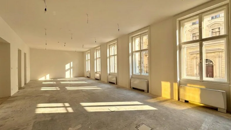 Großer, heller Raum mit vielen Fenstern und Betonboden, ideal für Büronutzung.