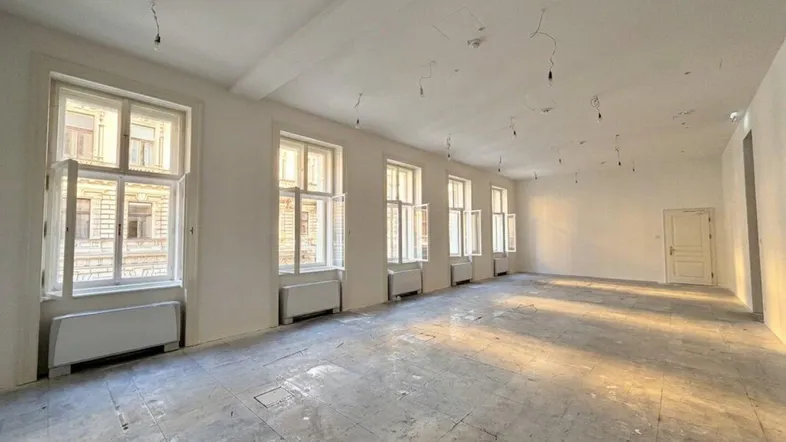 Großer, heller Raum mit vielen Fenstern und hohen Decken, bereit für den Innenausbau.