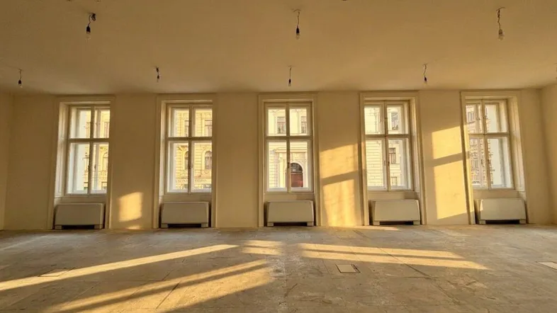 Leerer Raum mit mehreren großen Fenstern und Heizkörpern, durch die Sonnenlicht auf den Boden fällt.