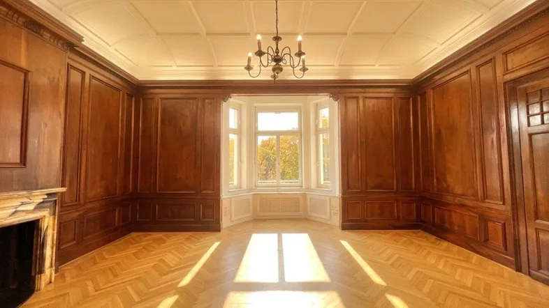 Elegantes Wohnzimmer mit aufwendiger Holzvertäfelung, Fischgrätparkett und einem Erkerfenster, das viel Tageslicht hereinlässt.
