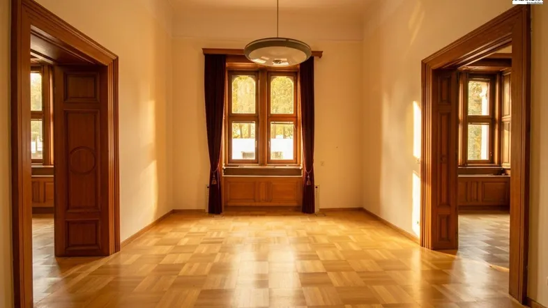 Heller Raum mit Fischgrätparkett, hohen Decken und Holztüren, durchflutet von natürlichem Licht.