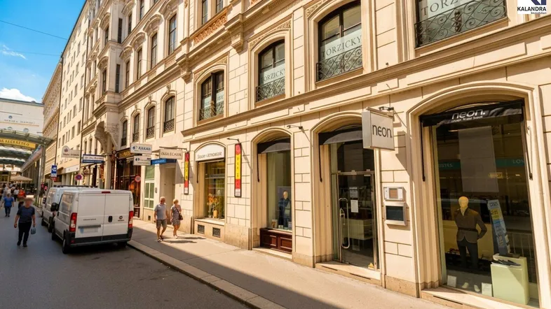 Historische Gebäude mit reich verzierten Fassaden säumen eine belebte Einkaufsstraße in der Stadt.