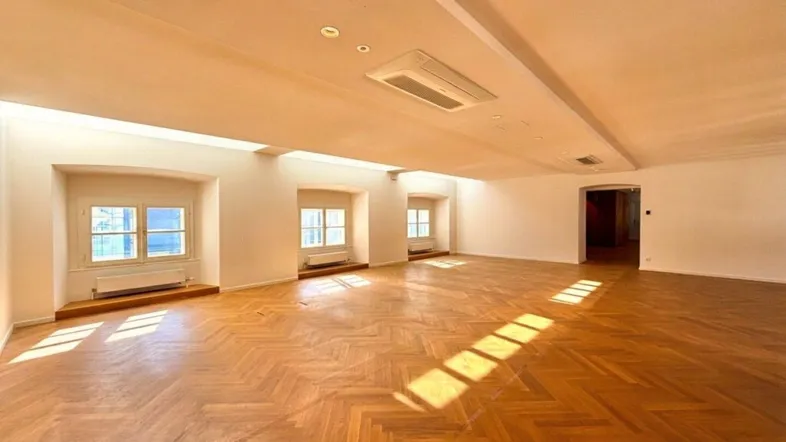Großer, heller Raum mit Fischgrätparkett, hohen Decken und viel Tageslicht durch mehrere Fenster.