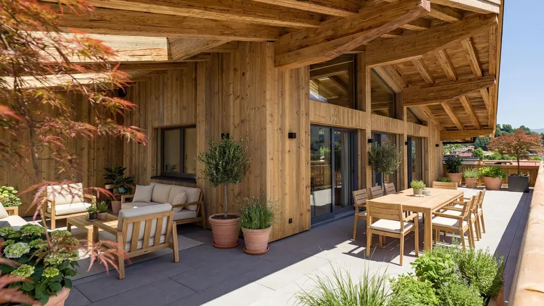 Sonnige Terrasse mit Holzbalkenüberdachung, Essbereich und Pflanzen, ideal für entspannte Stunden im Freien.