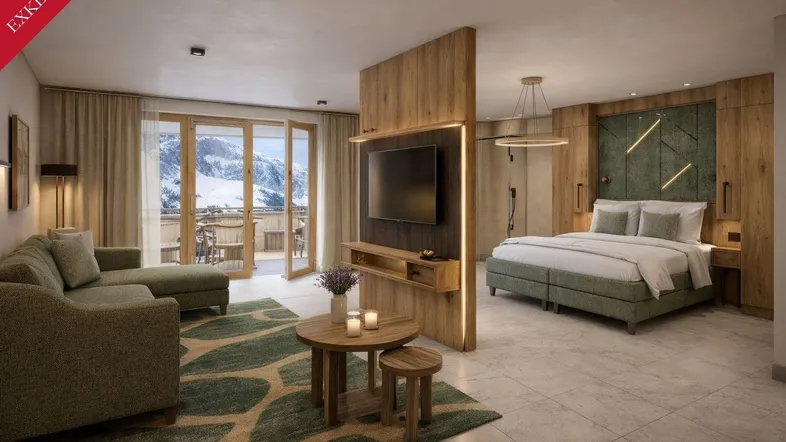 Modernes Schlafzimmer mit integriertem Wohnbereich, Holzelementen und Balkonzugang mit Bergblick.