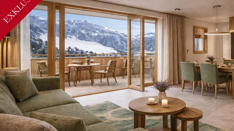 Helles Wohn- und Esszimmer mit gemütlichem Sofa, Holztisch und Zugang zu einem Balkon mit Bergblick.